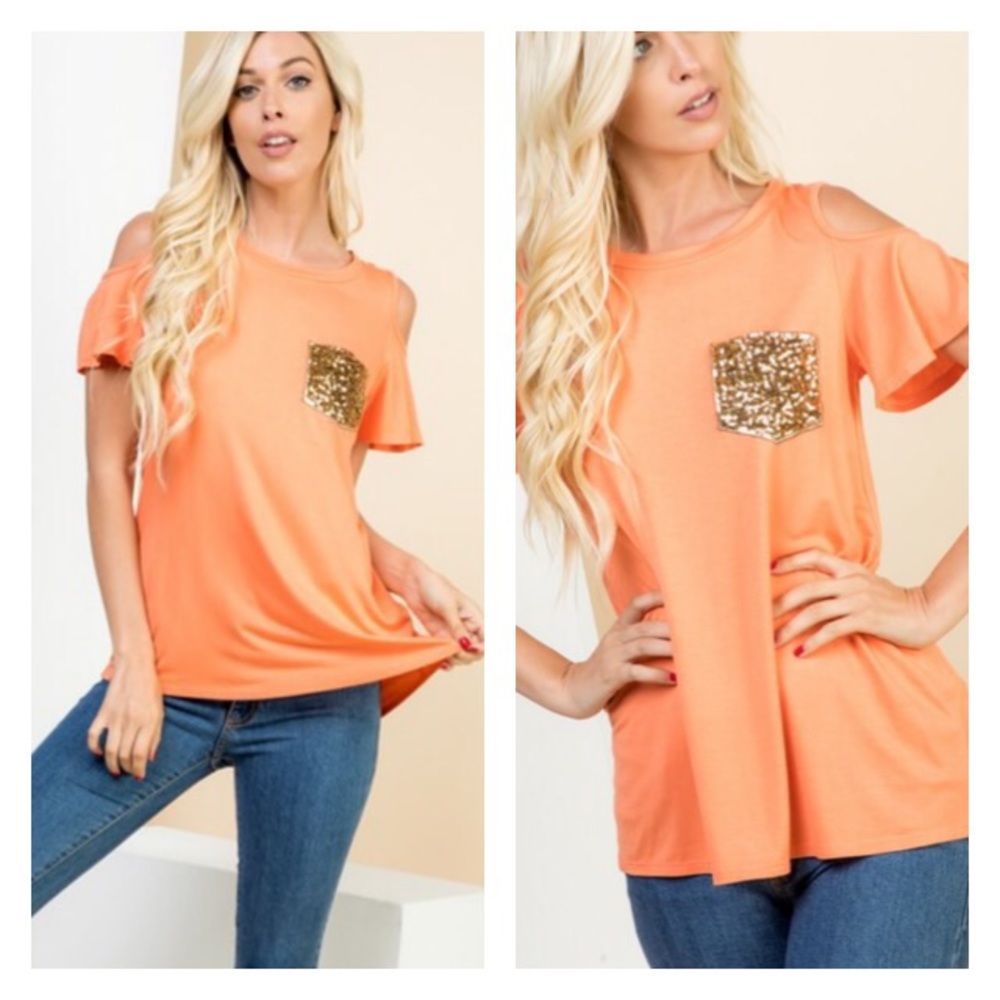 Solid Open Shoulder Peach Coral Top